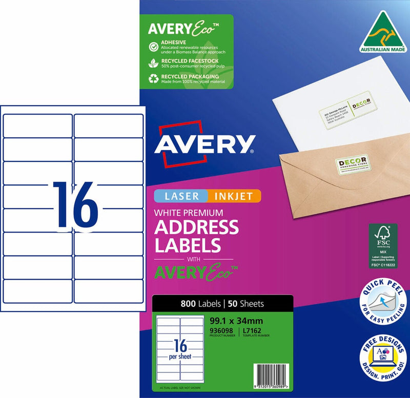 Avery Premium Address Labels with AveryEco pack, blue and magenta box marked Laser Inkjet, 800 Labels 50 Sheets, 99.1 x 34mm, with a 16 per sheet layout diagram and the Australian Made logo.