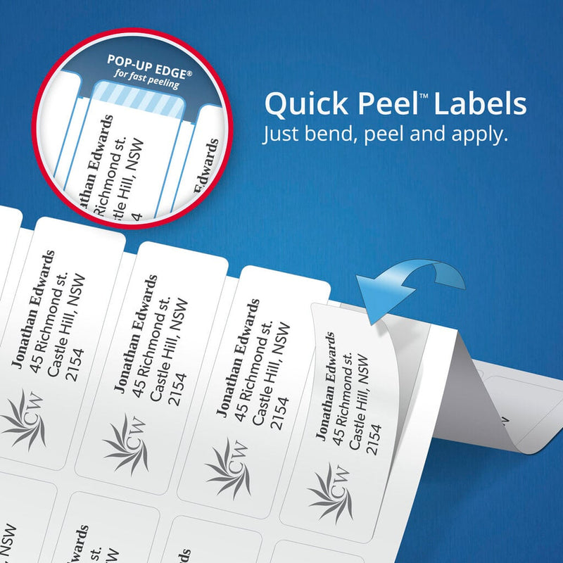 Avery Quick Peel graphic on a blue background showing a bent label sheet with a pop up edge lifting printed address labels off the backing.