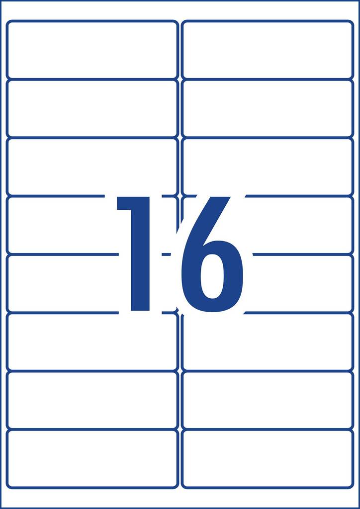 Diagram of the A4 sheet layout for Avery L7162, two columns of eight long rectangular labels with a large number 16 in the centre.