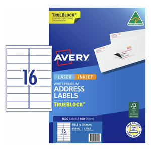 Avery Premium Address Labels with TrueBlock L7162 1600 Pack 99.1 x 34mm Laser White 16UP 100 Sheets - image 1