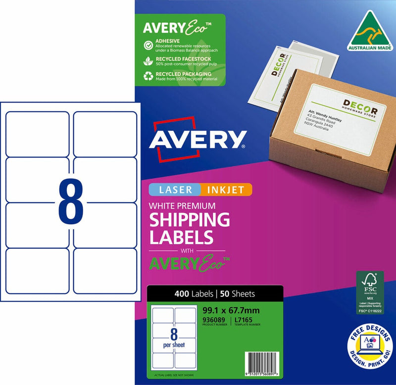 Avery Premium Shipping Labels with AveryEco pack, blue and magenta box marked Laser Inkjet, 400 Labels 50 Sheets, 99.1 x 67.7mm, with an 8 per sheet layout diagram and the Australian Made logo.