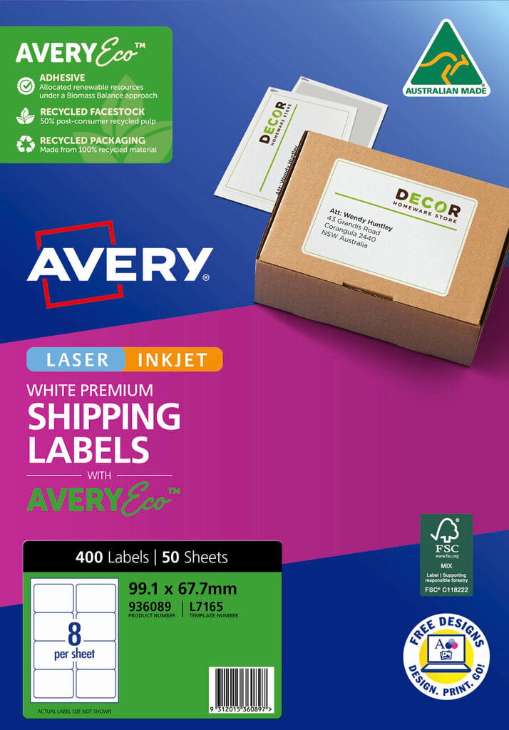 Front of the Avery 936089 AveryEco shipping labels pack showing the Avery logo, White Premium Shipping Labels, 400 Labels 50 Sheets and template number L7165.