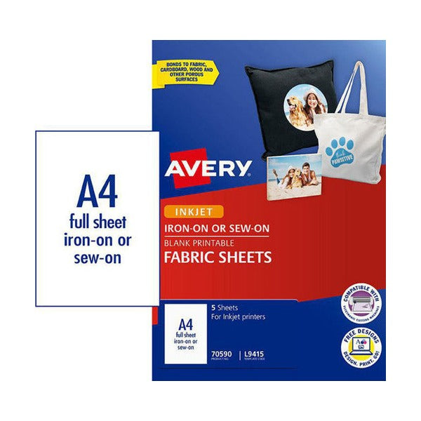 Avery Printable Fabric Sheets 70590 L9415 210x294mm 5 Pack | Inkjet-printable full A4 fabric transfer sheets for personalised clothing and fabric item customisation