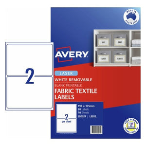 Avery Printable Fabric Textile Labels 980074 196x135mm Pack | Largest-format inkjet-printable fabric labels for custom clothing branding and craft textile labelling