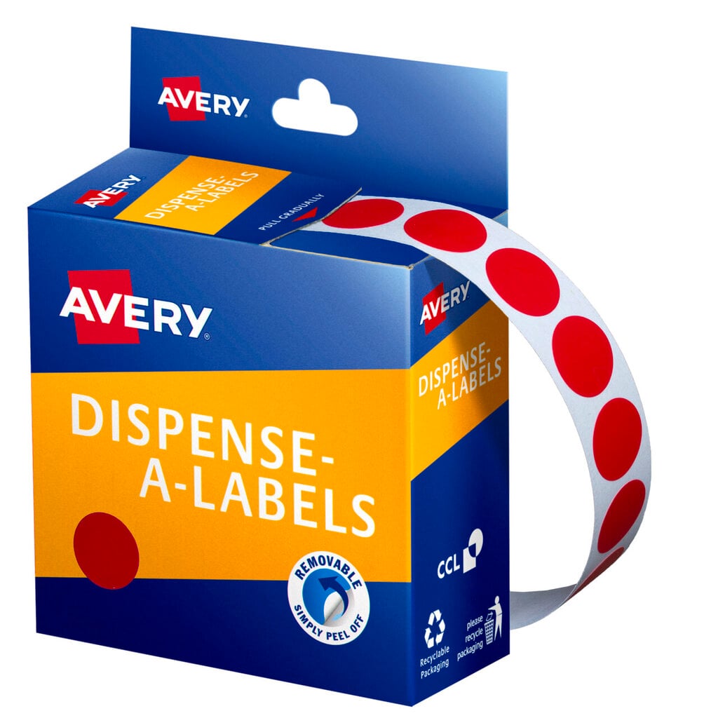Avery Dispense-A-Labels box with a strip of small 14mm red round labels curving from the top slot and a red dot swatch on the orange front panel, marked removable simply peel off.