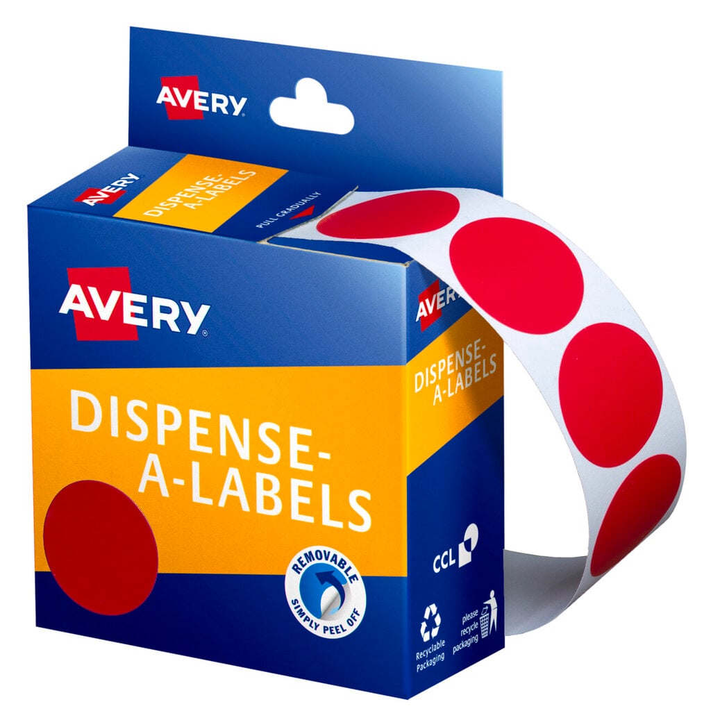 Avery Dispense-A-Labels carton feeding a strip of large 24mm red circular labels in a broad curve, with an oversized red dot swatch printed across the orange front panel of the box.