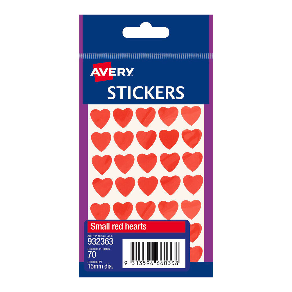 Avery 932363 resealable handipack of 70 small red 15mm heart stickers, the printed card front showing the closely spaced sheet of red hearts with the Avery logo and pack details