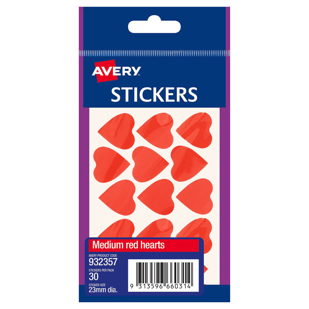 Avery 932357 resealable handipack of 30 red 23mm heart stickers, the printed card front showing the sheet of solid red hearts alongside the Avery logo, product code and sticker size