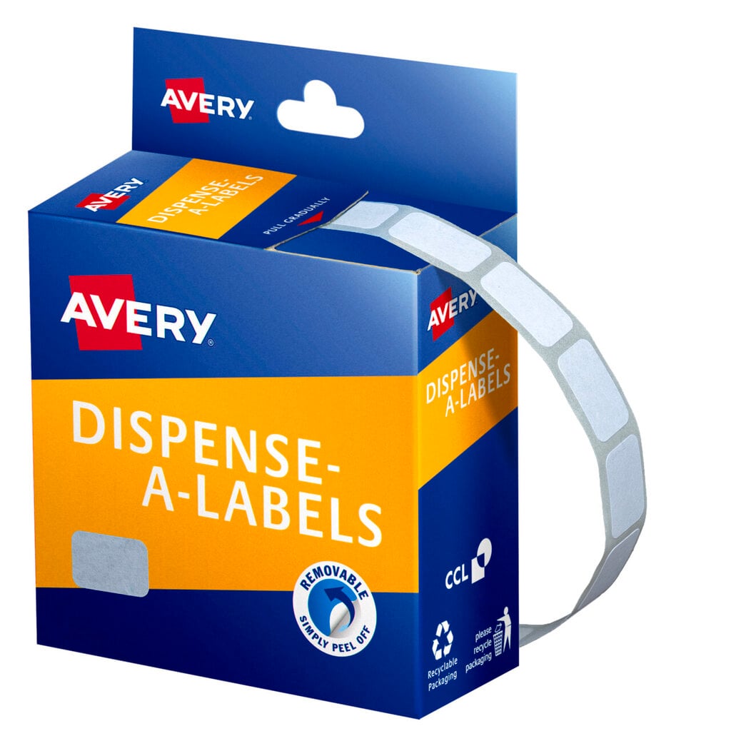Blue and orange Avery Dispense-A-Labels carton with a hanging header card, a strip of small blank white labels feeding out of the pull-gradually slot and curving down, beside a Removable Simply Peel Off roundel and recycling icons.