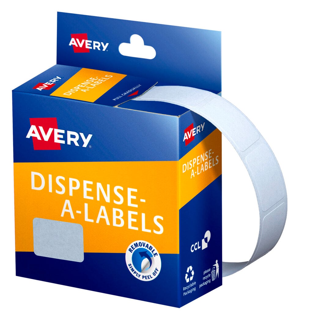 Blue and orange Avery Dispense-A-Labels carton with a hanging header card, a narrow continuous strip of blank white labels feeding out of the pull-gradually slot and curving down, beside a Removable Simply Peel Off roundel and recycling icons.
