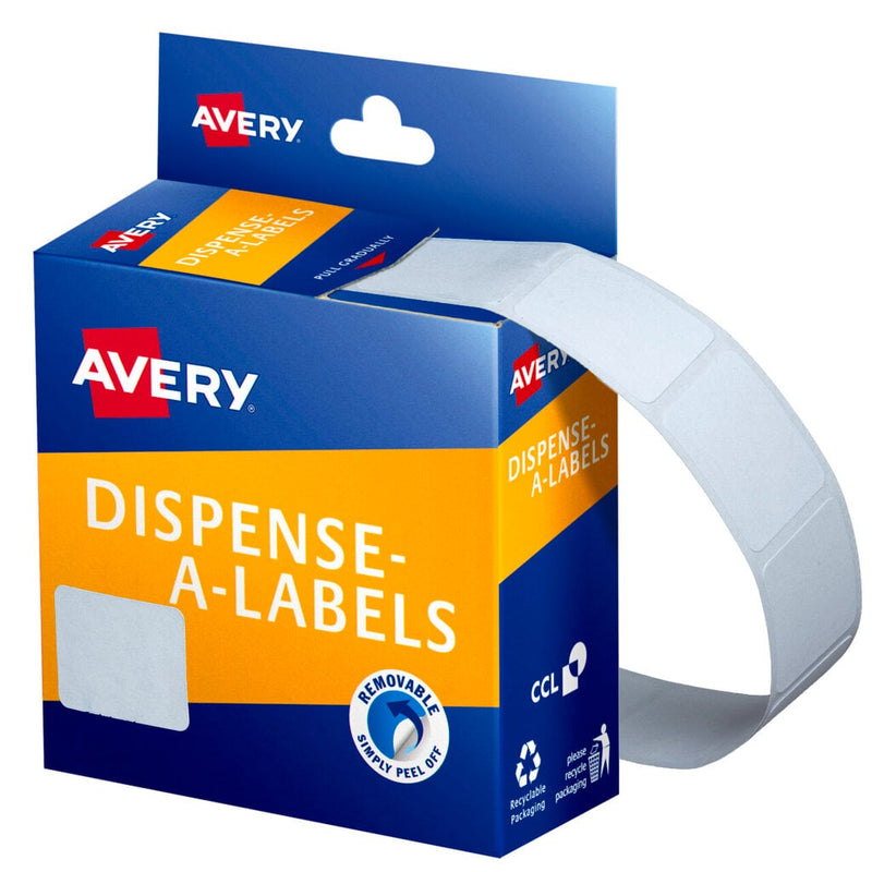 Blue and orange Avery Dispense-A-Labels carton with a hanging header card, a strip of blank white rectangular labels feeding out of the pull-gradually slot and curving down, beside a Removable Simply Peel Off roundel and recycling icons.