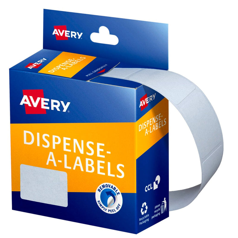 Avery Dispense-A-Labels dispenser carton for code 937219, a closed blue and orange box with the Avery logo and a removable simply peel off roundel, a strip of blank white labels curling from the side, and a blank 32 x 24mm label swatch shown on the front.
