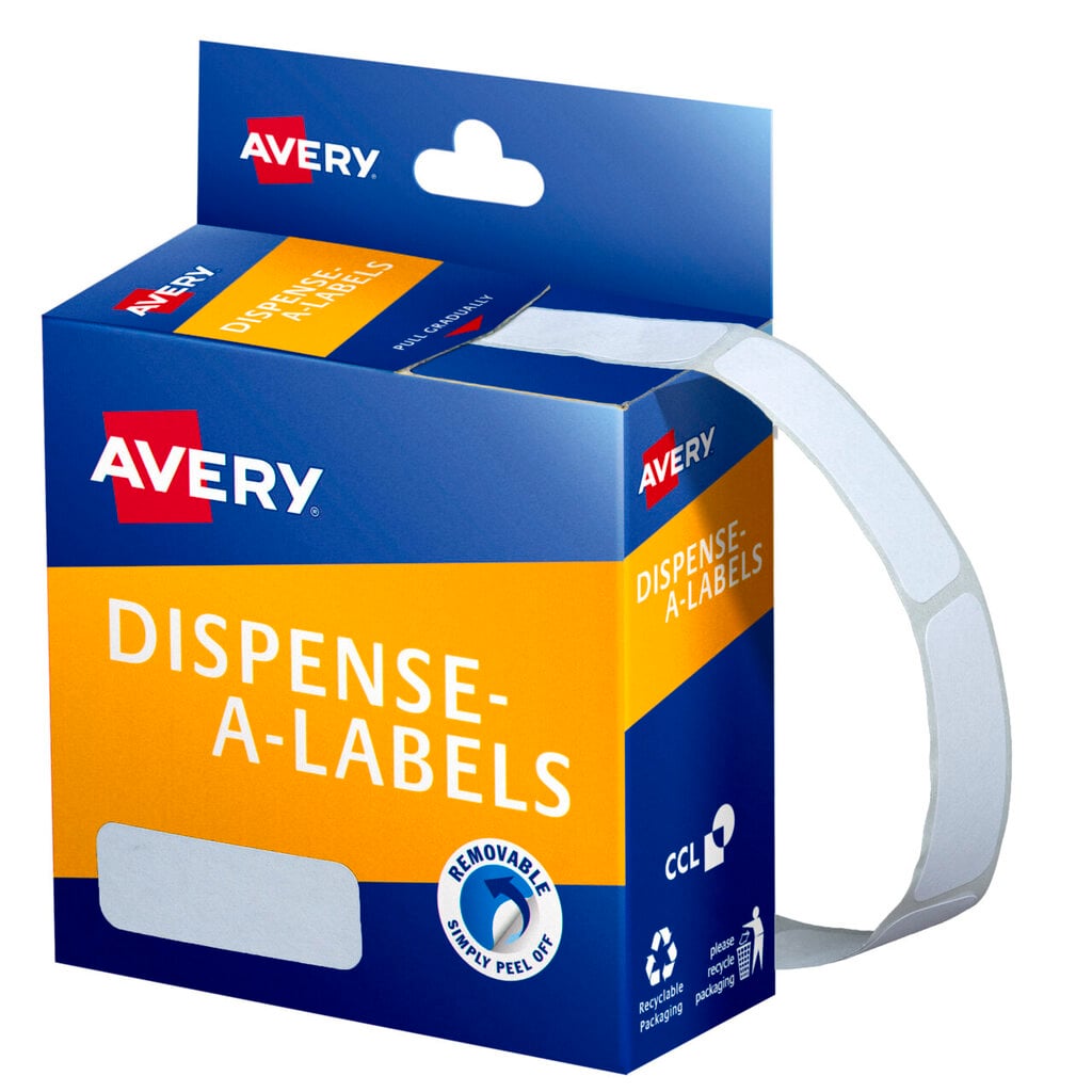 Avery Dispense-A-Labels dispenser carton for code 937210, a closed blue and orange box with the Avery logo and a removable simply peel off roundel, a strip of blank white labels curling from the side, and a blank 36 x 13mm label swatch shown on the front.