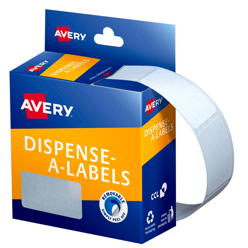 Avery Dispense-A-Labels dispenser carton for code 937220, a closed blue and orange box with the Avery logo and a removable simply peel off roundel, a strip of blank white labels curling from the side, and a blank 38 x 24mm label swatch shown on the front.