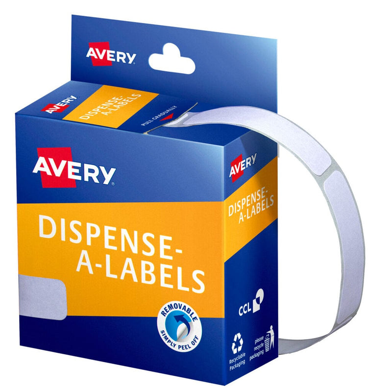 Avery Dispense-A-Labels dispenser carton for code 937212, a closed blue and orange box with the Avery logo and a removable simply peel off roundel, a strip of blank white labels curling from the side, and a blank 49 x 13mm label swatch shown on the front.