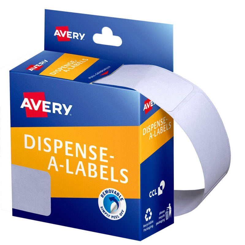 Avery Dispense-A-Labels dispenser carton for code 937221, a closed blue and orange box with the Avery logo and a removable simply peel off roundel, a strip of blank white labels curling from the side, and a blank 49 x 24mm label swatch shown on the front.