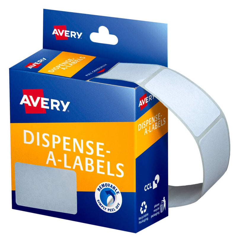 Avery Dispense-A-Labels dispenser carton for code 937222, a closed blue and orange box with the Avery logo and a removable simply peel off roundel, a strip of blank white labels curling from the side, and a blank 49 x 35mm label swatch shown on the front.