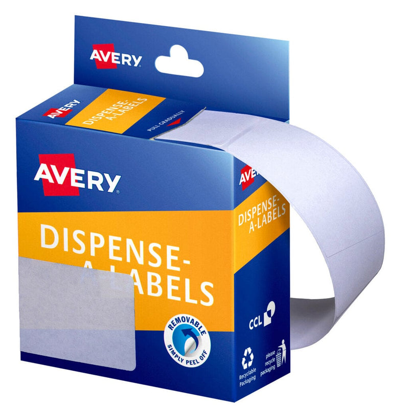 Avery Dispense-A-Labels dispenser carton for code 937223, a closed blue and orange box with the Avery logo and a removable simply peel off roundel, a strip of blank white labels curling from the side, and a blank 63 x 44mm label swatch shown on the front.