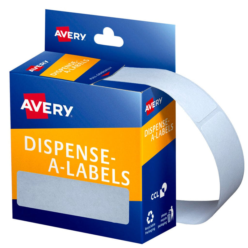 Avery Dispense-A-Labels dispenser carton for code 937218, a closed blue and orange box with the Avery logo and a removable simply peel off roundel, a strip of blank white labels curling from the side, and a blank 64 x 19mm label swatch shown on the front.