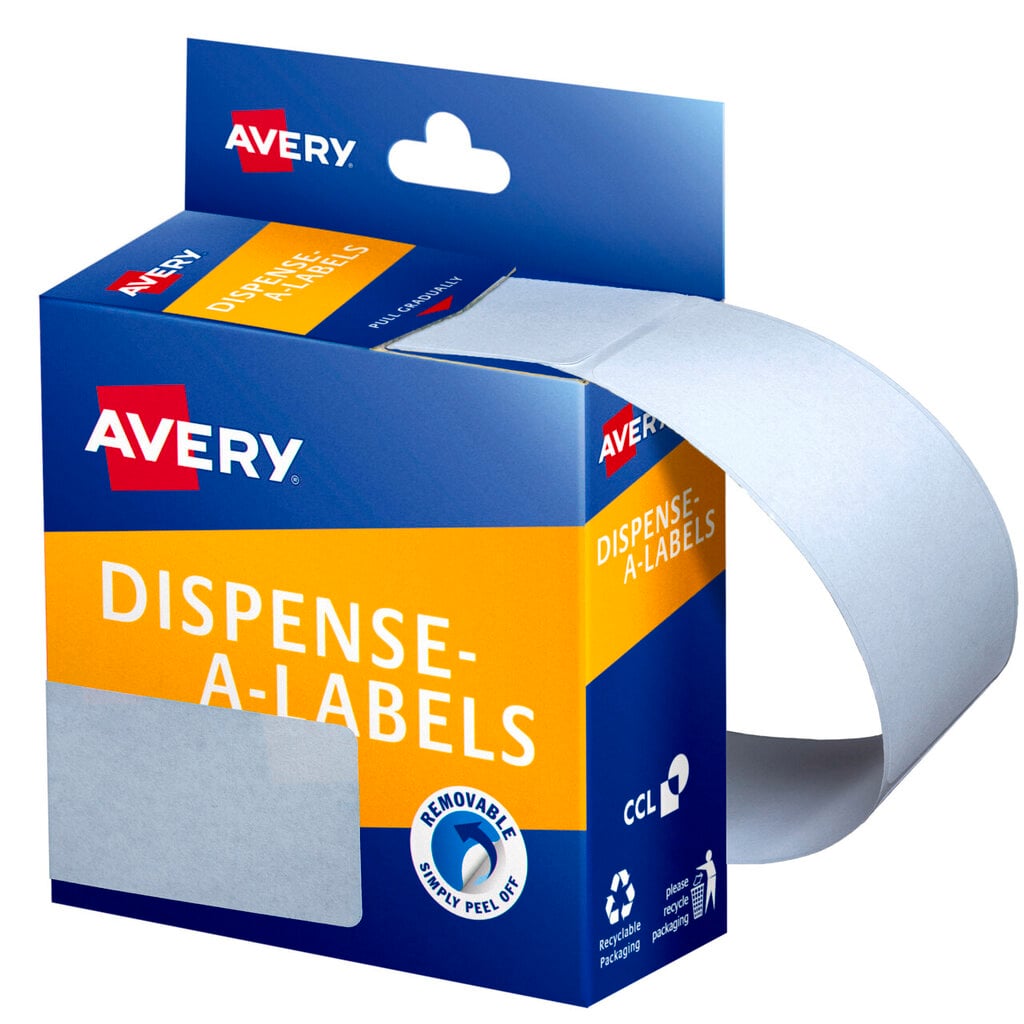 Avery Dispense-A-Labels dispenser carton for code 937224, a closed blue and orange box with the Avery logo and a removable simply peel off roundel, a strip of blank white labels curling from the side, and a blank 76 x 27mm label swatch shown on the front.