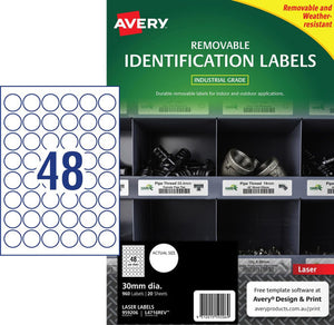 Avery Removable White Heavy Duty Round Labels 959206 L4716 30mm 20pk 48-Up | Weather-resistant removable circle label for temporary asset and container identification