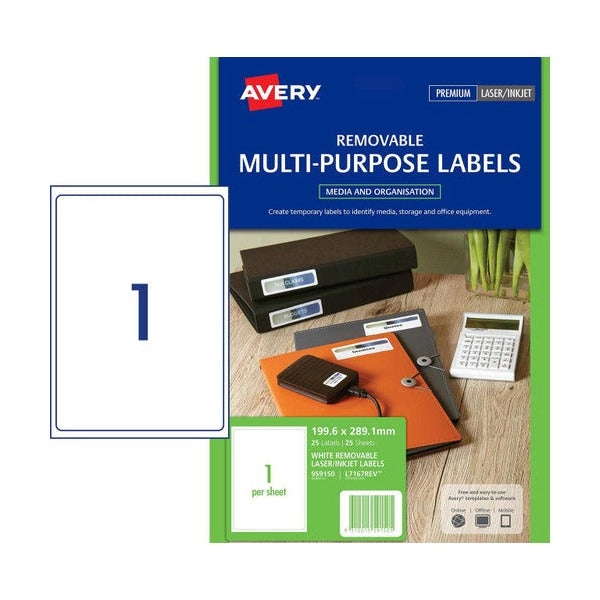 Avery White Removable Labels 959150 L7167REV 25pk 199.6x289.1mm 1-Up Full A4 | Full-page temporary label for large-format display marking