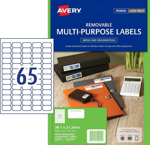Avery White Removable Labels 959049 L7651REV 1625pk 38.1x21.2mm 65-Up | Standard address size in removable adhesive for temporary labelling and resent packages