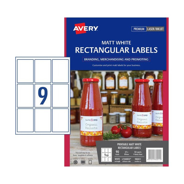 Avery White Rectangular Removable Product Labels 980011 L7108REV 90pk 62x89mm 9-Up | Larger clean-removal label for detailed product information