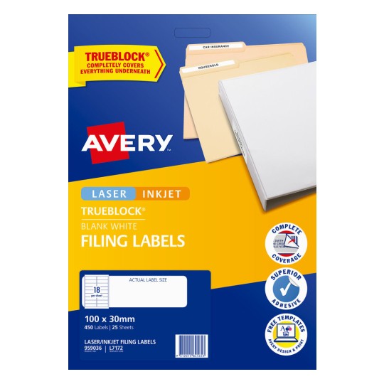 Avery 959036 ring binder filing labels, L7172, 100 x 30mm, 18 up, 25 sheets