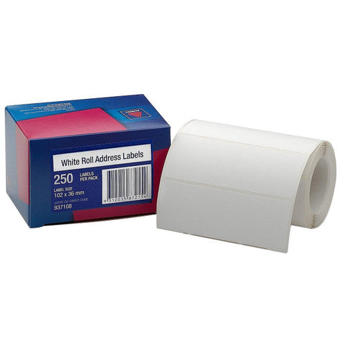 Avery White Roll Address Labels 937108 102x36mm 250 Roll | Smaller roll quantity of the 102mm wide address label for lower-volume dispatch