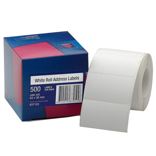 Avery White Roll Address Labels 937103 63x36mm 500 Roll | Compact square-format label for small envelopes, parcels and ecommerce packaging