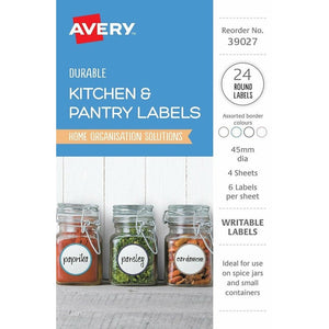 Avery Assorted Round Kitchen Pantry Labels 45mm 39027 | 24 pack freezer-safe removable polyester labels for jars and containers