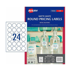 Avery Matte White Round Pricing Labels 910007 L7129 40mm 192 Pack 24-Up | Print custom price tags and brand marks on inkjet or laser printers