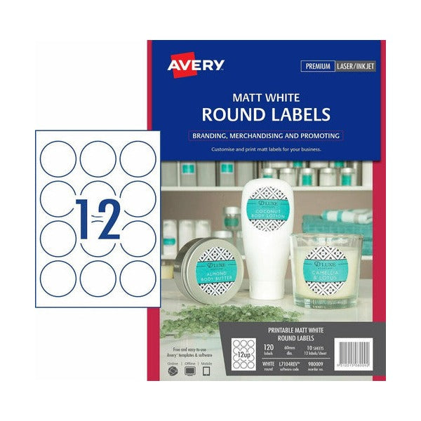 Avery White Round Removable Product Labels 980009 L7104REV 120pk 60mm 12-Up | Large circle removable label for temporary product pricing and seasonal labelling