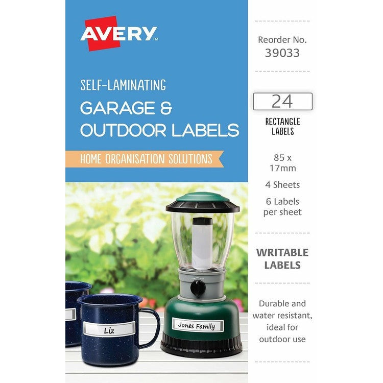 Avery Self Laminating Outdoor Labels 39033 85x17mm 24 Pack | Weatherproof polyester for garage tools, storage and cables