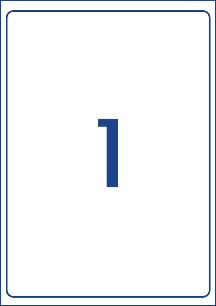 Diagram of the Avery L7167 A4 sheet layout, showing a single white rectangular label outline at 199.6 x 289.1mm covering almost the entire sheet with the label count printed large in the centre