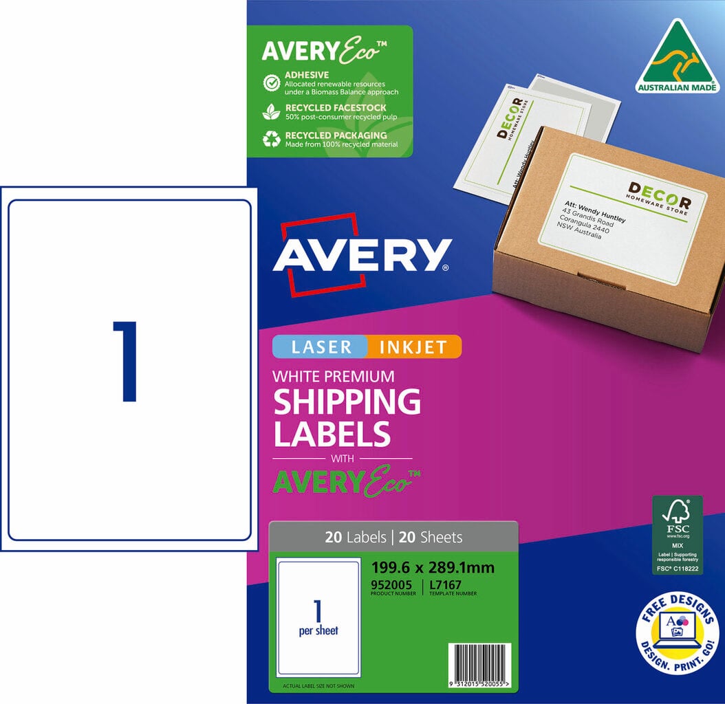Avery 952005 pack of Premium Shipping Labels with AveryEco, the L7167 carton front printed 20 Labels and 20 Sheets at 199.6 x 289.1mm, beside a diagram of the A4 sheet layout with a single full-page label, with the Australian Made kangaroo logo and FSC mark