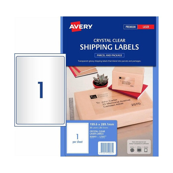 Avery Crystal Clear Shipping Labels 959065 L7567 25pk 199.6x289.1mm 1-Up | Fully transparent A4 shipping label for premium packaging