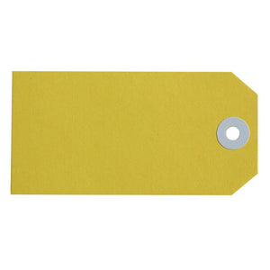 Avery 14140 Size 4 yellow shipping tag 108 x 54mm showing high-visibility yellow colour with reinforced metal eyelet and dual-sided manilla board surface, box of 1000 tags