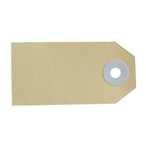 Single Avery size 1 buff shipping tag, plain manilla board with angled corners and a pale reinforced ring around the hole, on a white background.