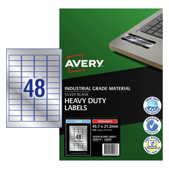 Avery 959213 silver heavy duty laser labels, 45.7 x 21.2mm