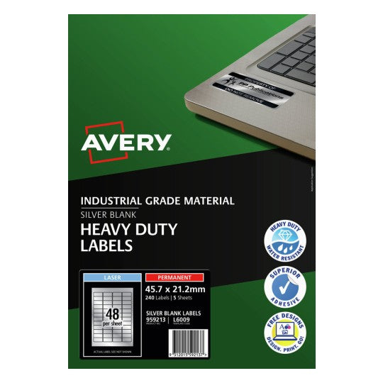Avery 959213 silver heavy duty laser labels, 45.7 x 21.2mm