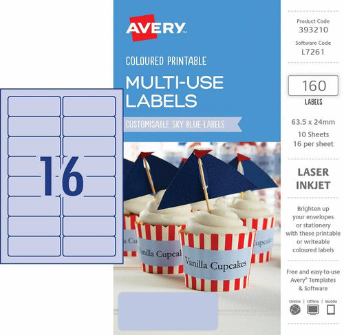 Avery Multi Use Sky Blue Coloured Labels 393210 63.5x24mm 160 Labels 10 Sheets | Narrow permanent sky blue label for colour-coded file categorisation