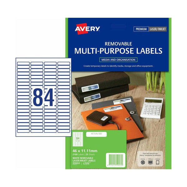 Avery White Removable 35mm Slide Labels 959053 L7656 2100pk 46x11.11mm 84-Up | Narrow removable label for slide mounts and small item identification