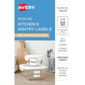 Avery Assorted Square Kitchen Pantry Labels 39028 45x45mm 24 Pack | Handwriteable removable polyester for food containers