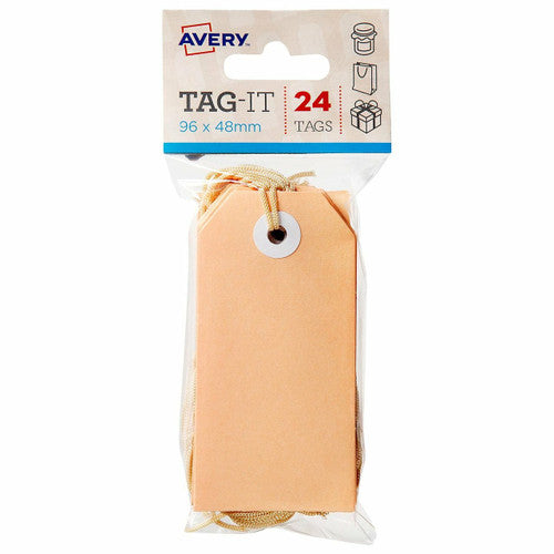 Avery 13204 Tag-It Size 3 pastel peach string tag 96 x 48mm in retail packaging showing warm peach colour and pre-attached vanilla string, pack of 24 for gifts and elegant presentation