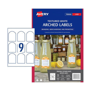 Avery Textured White Arched Labels 980003 L7118 90pk 57.2x77mm 9-Up | Compact arched format for smaller bottles and miniature artisanal packaging