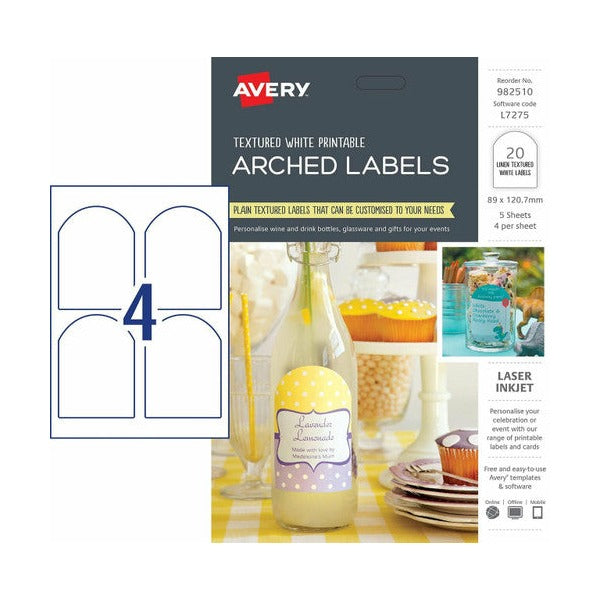 Avery Textured Arched Labels 982510 L7275 80 Labels 89x120.7mm 4-Up | Premium arched format for wine, spirits and artisanal gifts