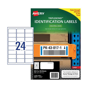 Avery Triple Bond Heavy Duty Labels 959221 L6141 63.5x33.9mm 10pk 24-Up | Triple adhesion strength for permanent identification on rough irregular surfaces