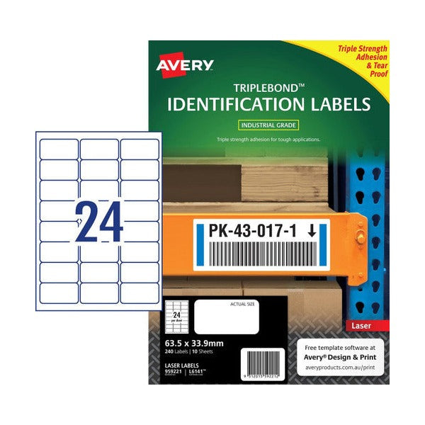 Avery Triple Bond Heavy Duty Labels 959221 L6141 63.5x33.9mm 10pk 24-Up | Triple adhesion strength for permanent identification on rough irregular surfaces